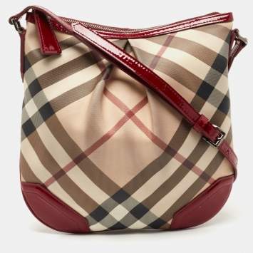 Pre Owned Burberry Beige/Maroon Nova Check Coated Canvas and Patent Leather Dryden Crossbody Bag