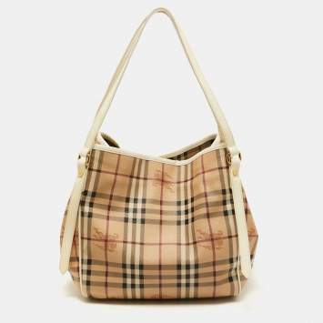 Pre Owned Burberry Beige/White Haymarket Check Coated Canvas and Patent Leather Small Canterbury Tote