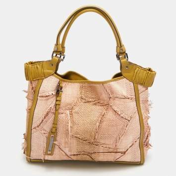 Pre Owned Burberry Beige/Green Raffia and Leather Covington Shopper Tote