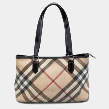 Pre Owned Burberry Beige/Black Nova Check Coated Canvas and Patent Leather Nickie Tote