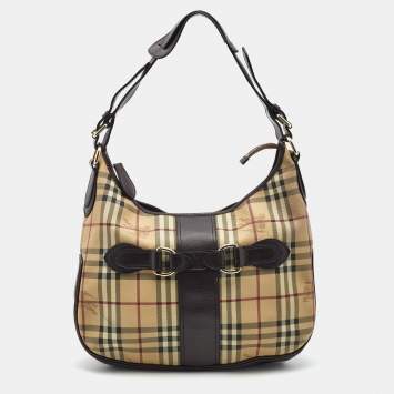 Pre Owned Burberry Dark Brown/Beige Haymarket Check Coated Canvas and Leather Hobo