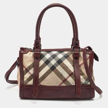 Pre Owned Burberry Dark Red/Beige Nova Check Floral Embossed PVC and Leather Satchel