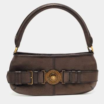 Pre Owned Burberry Metallic Brown Leather Buckle Baguette Bag