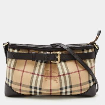 Pre Owned Burberry Beige/Brown Haymarket Check Coated Canvas and Leather Crossbody Bag