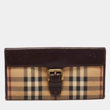 Pre Owned Burberry Brown/Beige Haymarket PVC and Leather Buckle Flap Continental Wallet