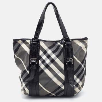 Pre Owned Burberry Black Beat Check Nylon and Patent Leather Lowry Tote