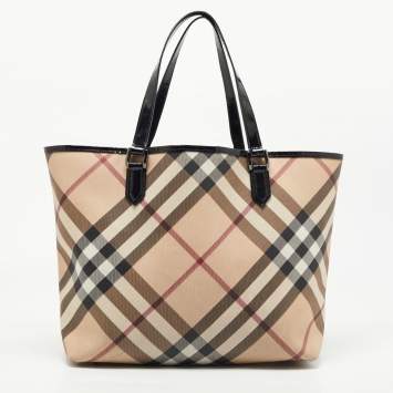 Pre Owned Burberry Black/Beige Super Nova Check PVC and Patent Leather Large Nickie Tote