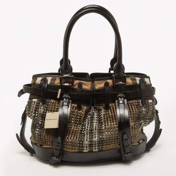 Pre Owned Burberry Black House Check Fabric and Leather Large Rowan Studded Tote