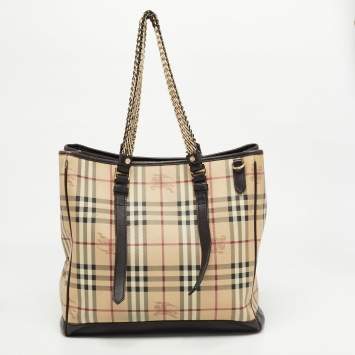 Pre Owned Burberry Beige/Dark Brown Haymarket Check Coated Canvas And Leather Multi Chain Tote