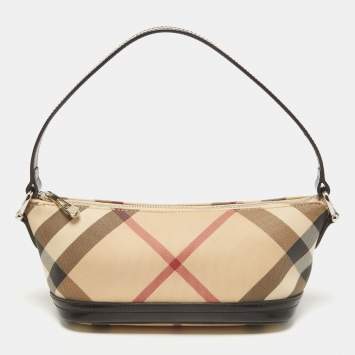 Pre Owned Burberry Black/Beige Nova Check PVC and Glossy Leather Pochette Bag