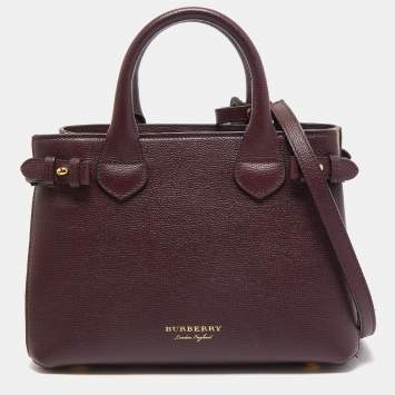 Pre Owned Burberry Burgundy/Beige Leather and House Check Fabric Small Banner Tote