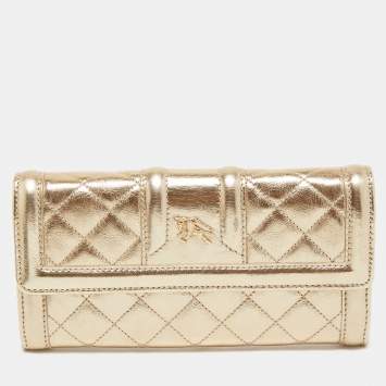 Pre Owned Burberry Gold Quilted Leather Flap Continental Wallet