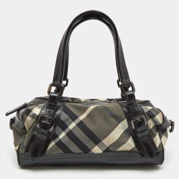 Pre Owned Burberry Black Beat Check Nylon and Patent Leather Buckle Satchel
