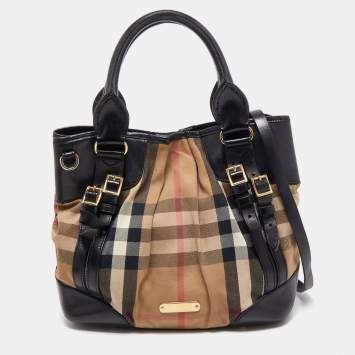Pre Owned Burberry Black/Beige House Check Canvas and Leather Bridle Tote