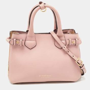 Pre Owned Burberry Pink/Beige Leather and House Check Fabric Small Banner Tote