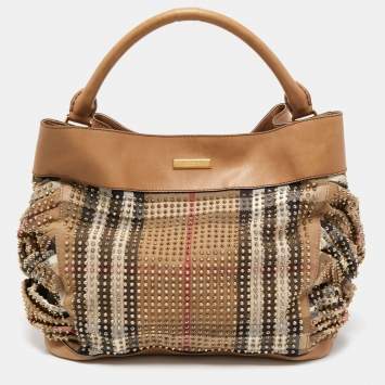 Pre Owned Burberry Beige House Check Canvas and Leather Pleated Studded Hobo
