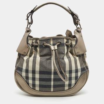 Pre Owned Burberry Metallic/Grey Beat Check Canvas and Leather Drawstring Hobo