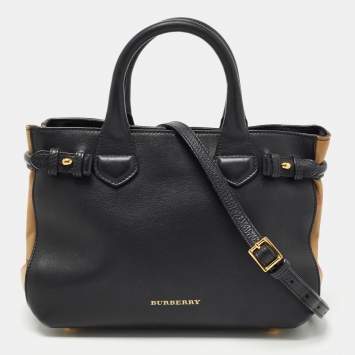 Pre Owned Burberry Black/Beige Leather and House Check Fabric Small Banner Tote