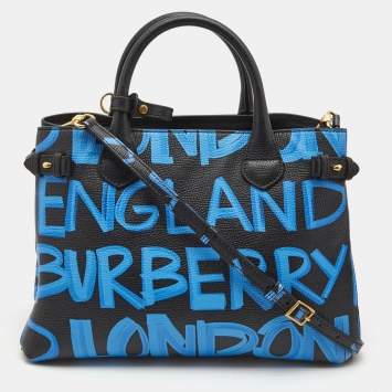 Pre Owned Burberry Black/Blue Leather Medium Graffiti Banner Tote