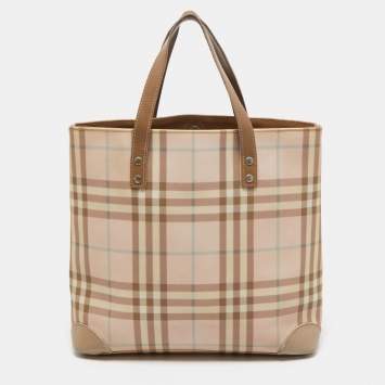 Pre Owned Burberry Pink/Beige House Check PVC and Leather Tote