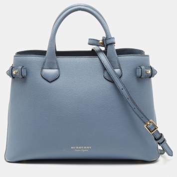 Pre Owned Burberry Blue Leather and House Check Canvas Medium Banner Tote