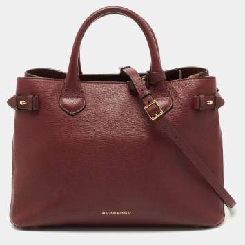 Pre Owned Burberry Burgundy Leather and House Check Fabric Medium Banner Tote