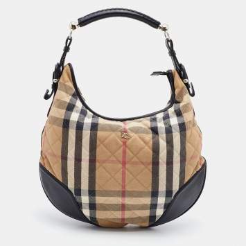 Pre Owned Burberry Beige/Black House Check Canvas and Leather Hoxton Hobo