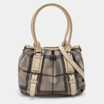 Pre Owned Burberry Beige Smoke Check PVC and Leather Northfield Tote