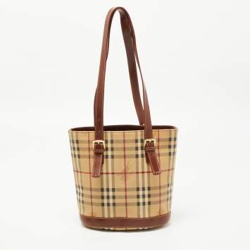 Pre Owned Burberry Beige/Brown Haymarket Coated Canvas and Leather Bucket Bag