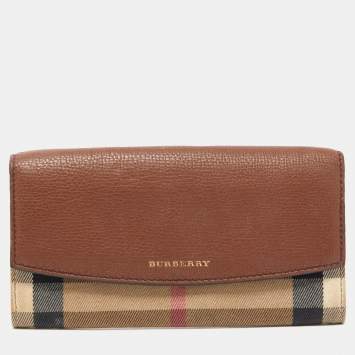 Pre Owned Burberry Brown/Beige House Check Canvas and Leather Flap Continental Wallet