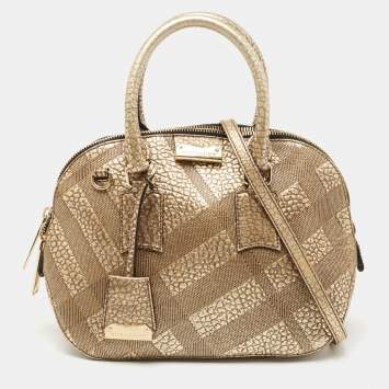 Pre Owned Burberry Gold Heritage Check Embossed Leather Small Orchard Bowler Bag