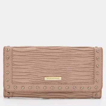 Pre Owned Burberry Old Rose Pleated Leather Flap Continental Wallet