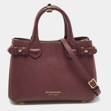 Pre Owned Burberry Burgundy Leather and House Check Fabric Small Banner Tote
