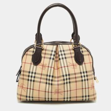 Pre Owned Burberry Beige/Brown Haymarket Check PVC and Leather Thornley Satchel