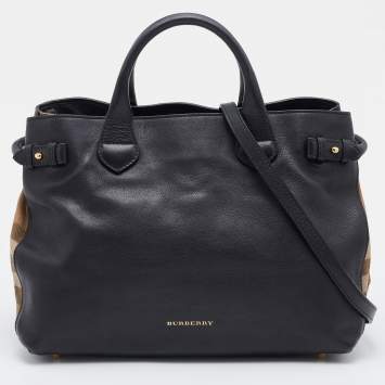 Pre Owned Burberry Black/Beige Leather and House Check Canvas Medium Banner Tote