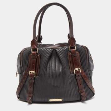 Pre Owned Burberry Dark Brown Pleated Leather Satchel