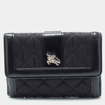 Pre Owned Burberry Black Nylon and Leather Compact Wallet