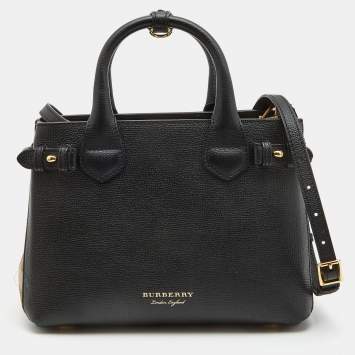 Pre Owned Burberry Black/Beige Leather and House Check Fabric Small Banner Tote