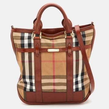 Pre Owned Burberry Beige/Tan House Check Canvas and Leather Hobo
