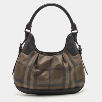 Pre Owned Burberry Black/Dark Burgundy House Check PVC and Leather Small Brooklyn Hobo