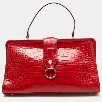 Pre Owned Burberry Red Croc Embossed Leather Frame Satchel