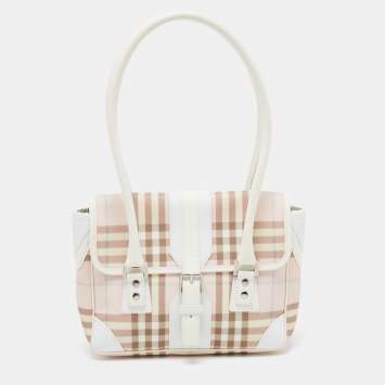 Pre Owned Burberry Pink/White House Check PVC and Leather Buckle Flap Satchel
