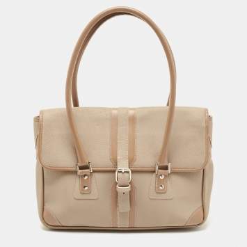 Pre Owned Burberry Beige/Brown Leather Buckle Flap Satchel