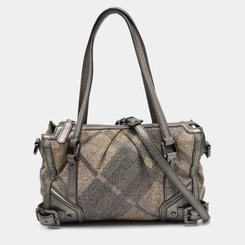 Pre Owned Burberry Metallic Grey Smoke Check Canvas and Leather Satchel