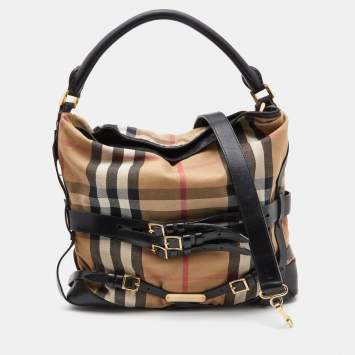 Pre Owned Burberry Beige/Black House Check Canvas and Leather Medium Bridle Gosford Hobo