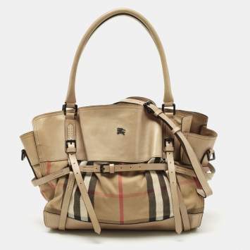 Pre Owned Burberry Beige Leather and Canvas Bridle House Check Canvas Satchel