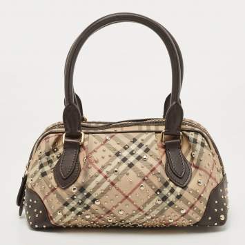 Pre Owned Burberry Beige/Brown Haymarket Check PVC and Leather Studded Satchel