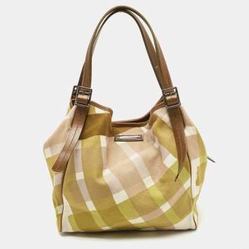 Pre Owned Burberry Green/White Check Canvas And Leather Tote