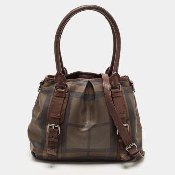 Pre Owned Burberry Dark Brown Smoke Check PVC Small Northfield Tote