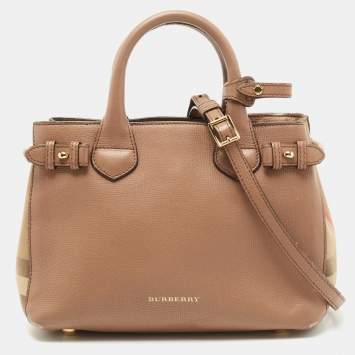 Pre Owned Burberry Beige Leather and House Check Fabric Small Banner Tote